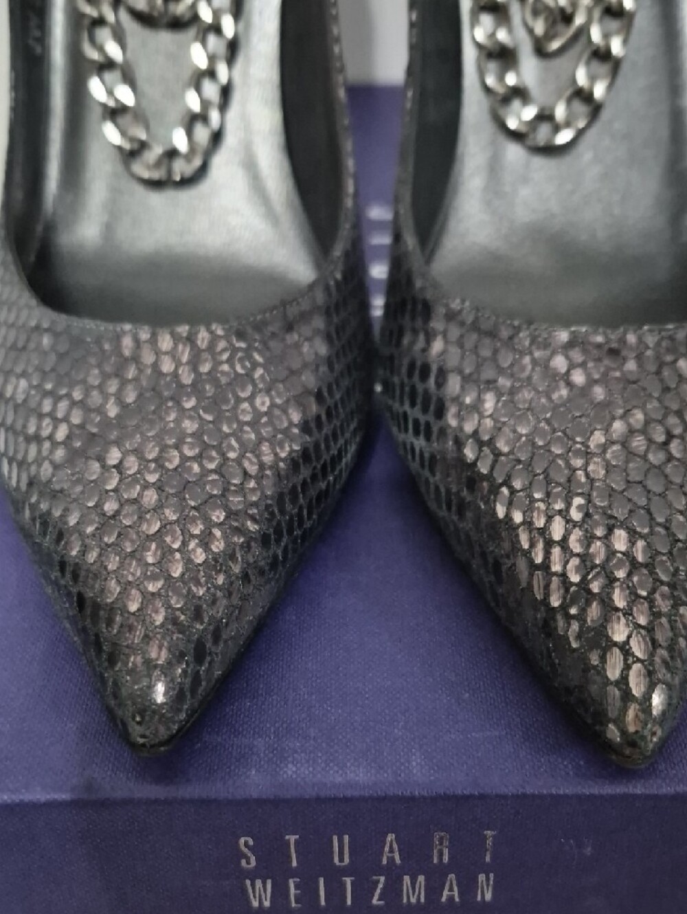 Stuart Weitzman Black Textured Pointed-Toe Pumps with Silver Chains - Picture 2 of 12